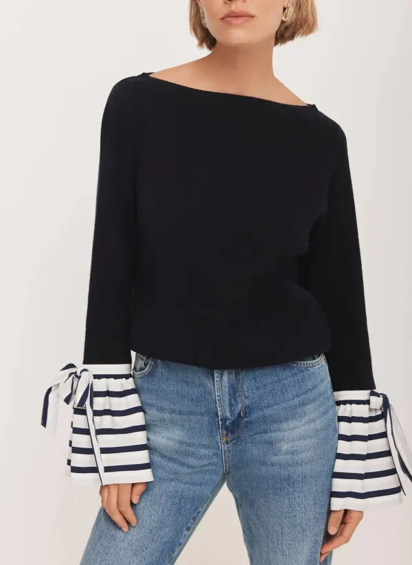 Casual Style Navy Cotton Striped Cuff Jumper