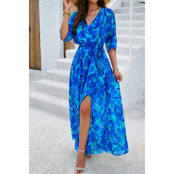 Printed Tied Half Sleeve Slit Dress