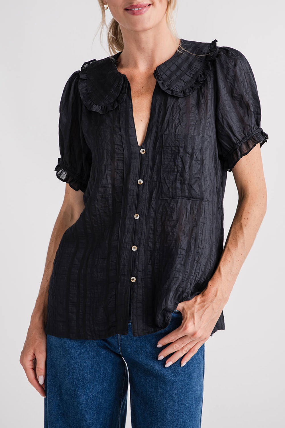 Gigio Peter Pan Collar Button Down Shirt - black