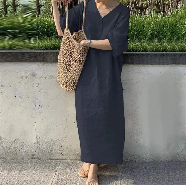 Women Plain V Neck Half Sleeve Comfy Casual Maxi Dress