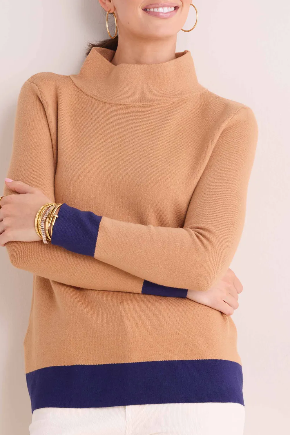 Camel Mock Neck Contrast Cuff Cropped Sweater