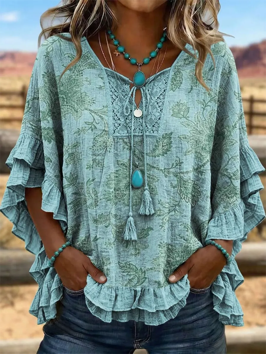Vintage Art Patchwork Hollow Design Cotton And Linen Shirt