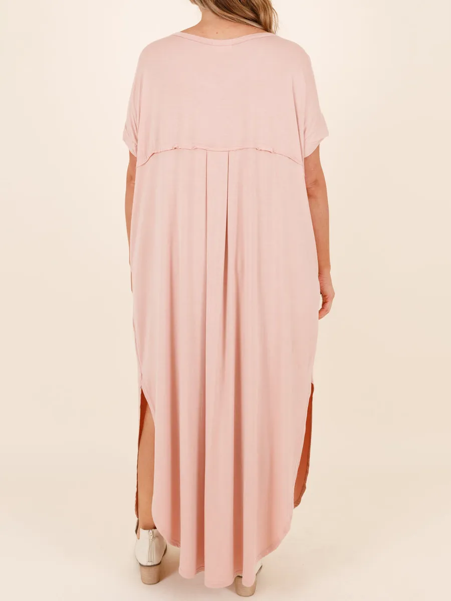 Short Sleeved Ultra Long Dress With Curved Split Hem