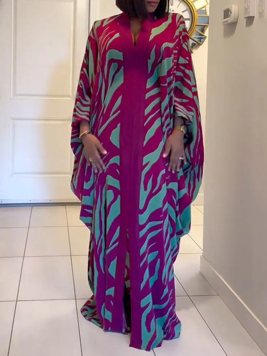 Batwing Printed Long Neck Maxi Dress