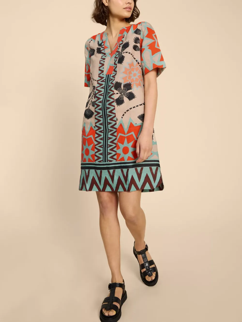 June Floral and Geometric Linen Dress