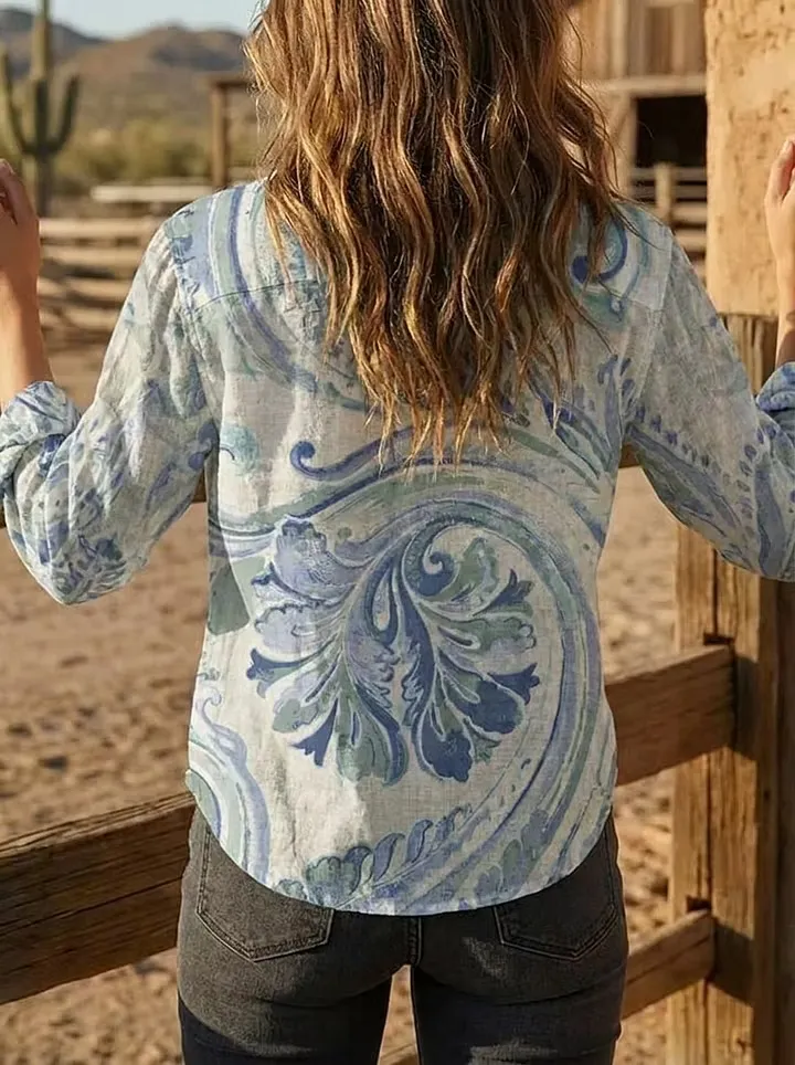 Retro Art Print Casual Long Sleeve Comfortable Cotton Shirt