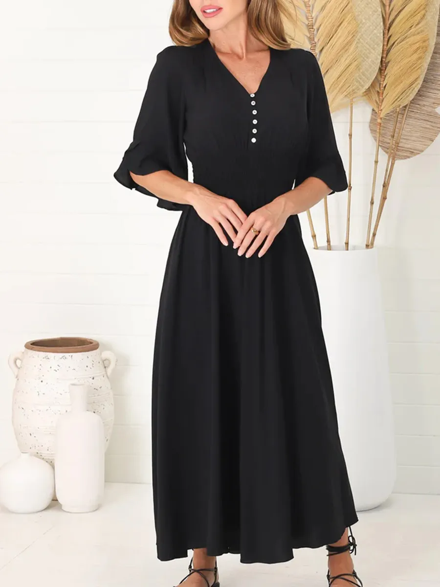 Black V-neck waist boho simple dress