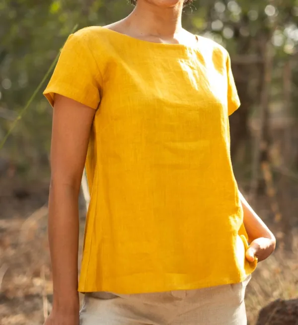 Mustard Linen Boat-Neck Top