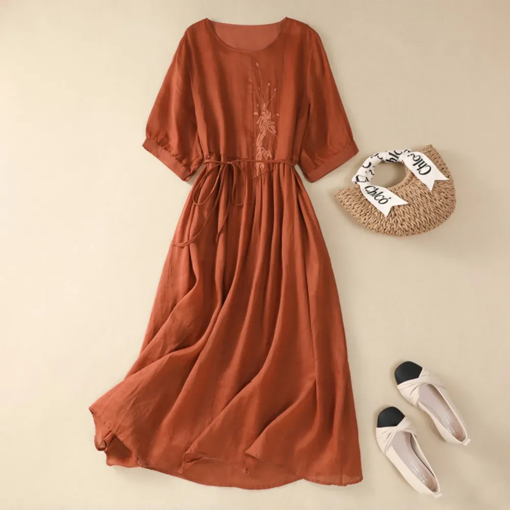 Embroidered Linen Blend Cotton Blend Midi Dress