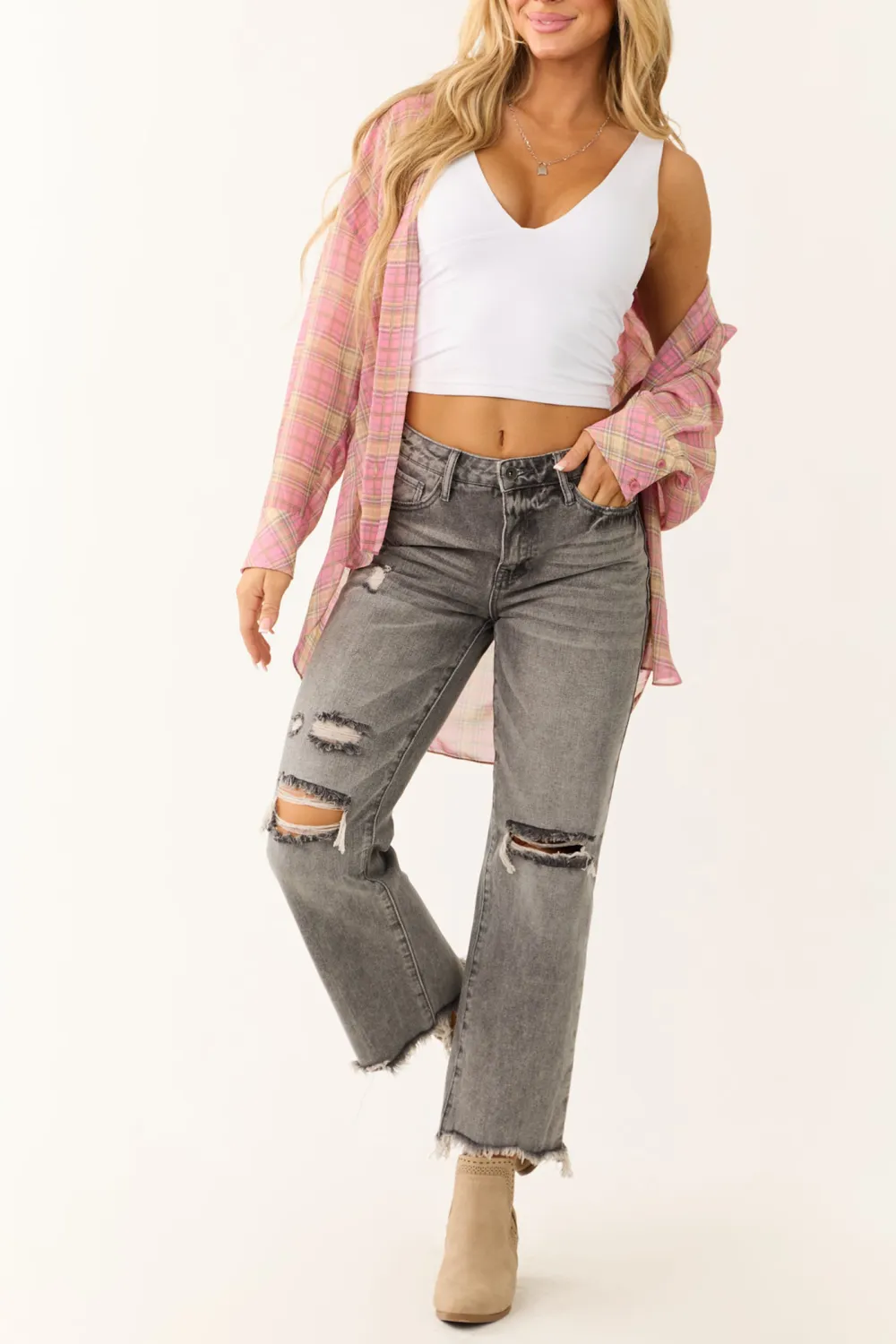 Distressed Steel Gray High Rise Jeans