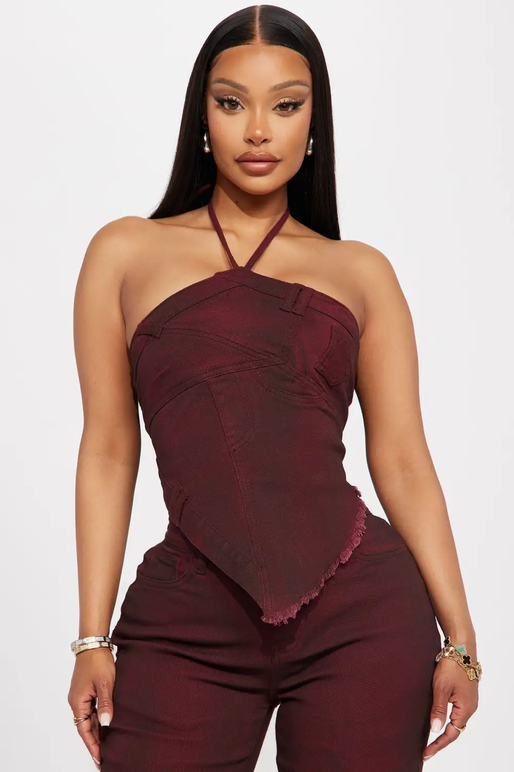 Next Level Washed Denim Pant Set - Wine