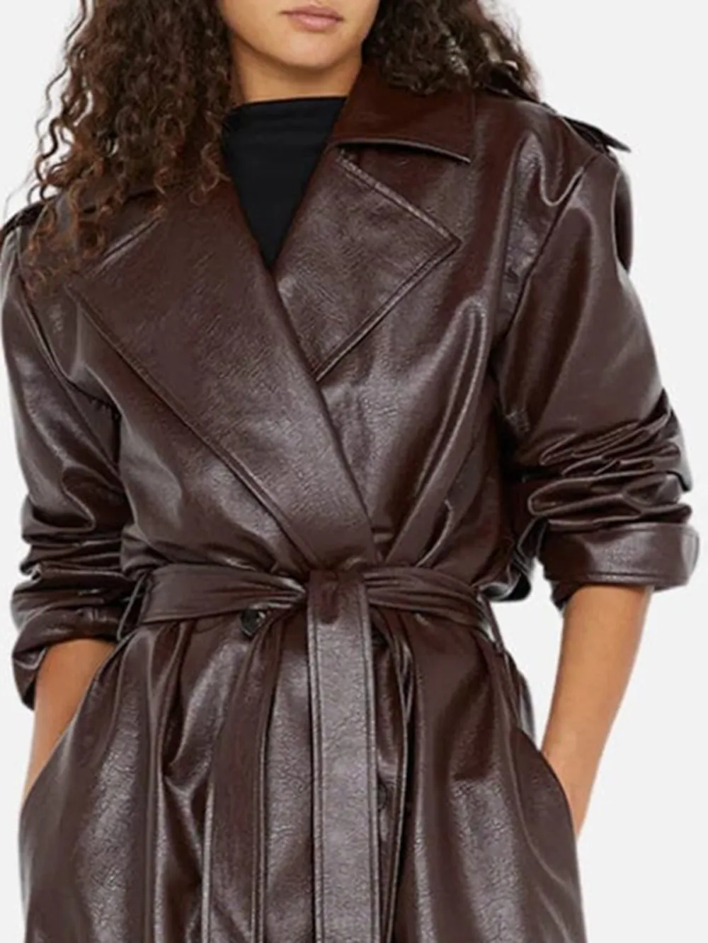 PU Tied Long Coat with Pockets
