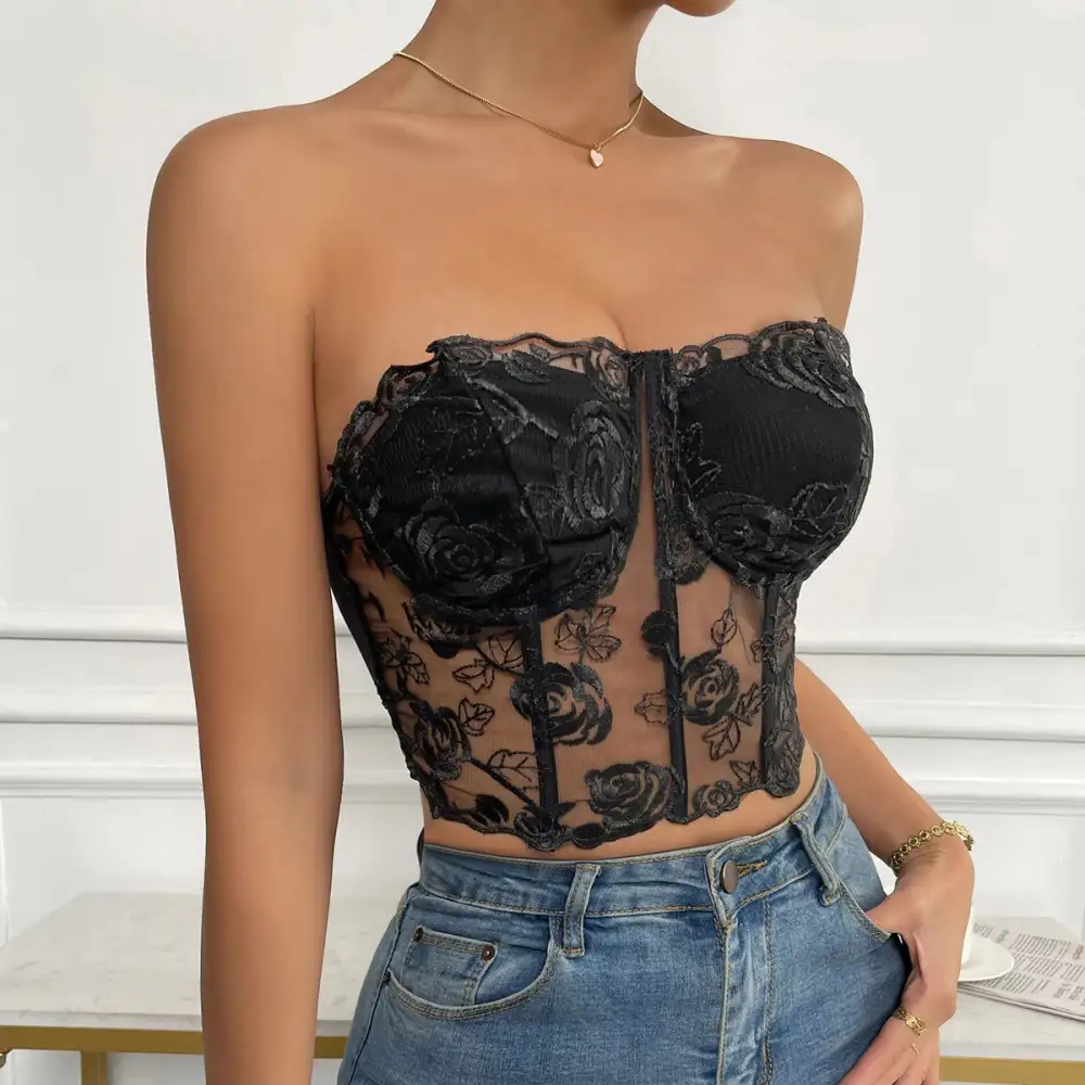 Longline Bra with Rose Motif