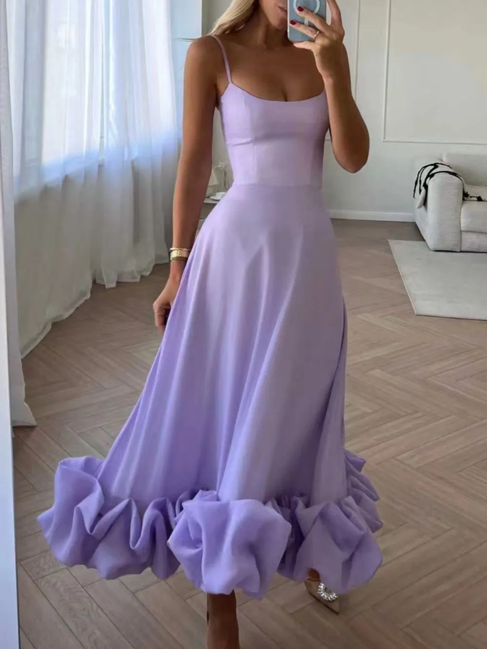 Scoop Neck Ruffle Midi Dress