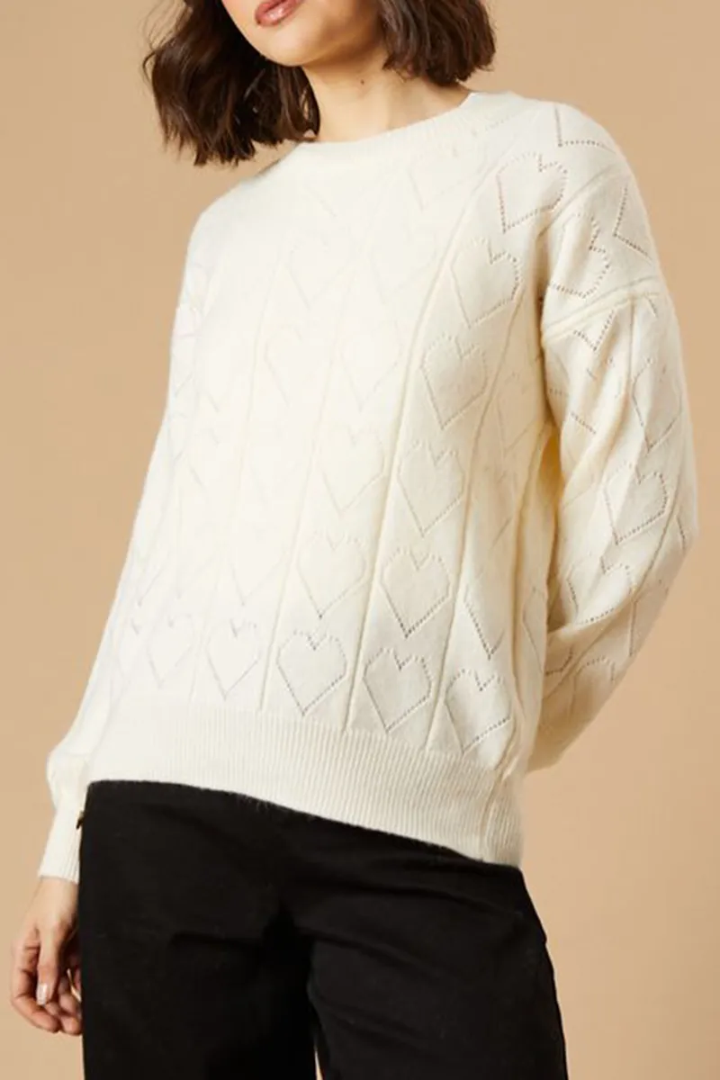 Casual Style Heart Pointelle Crew Neck Sweaters