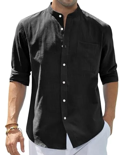 Men's Cotton Linen Long Sleeve Shirts Casual Button Down Banded Collar Shirt Beach Summer Tops with Pocket