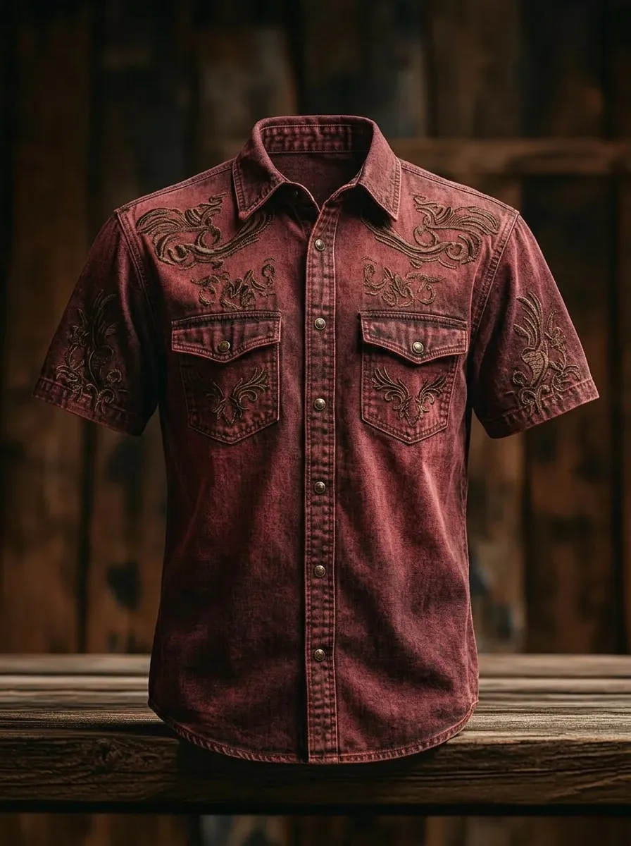 Men's Western Style Floral Embroidery Red Denim Shirt