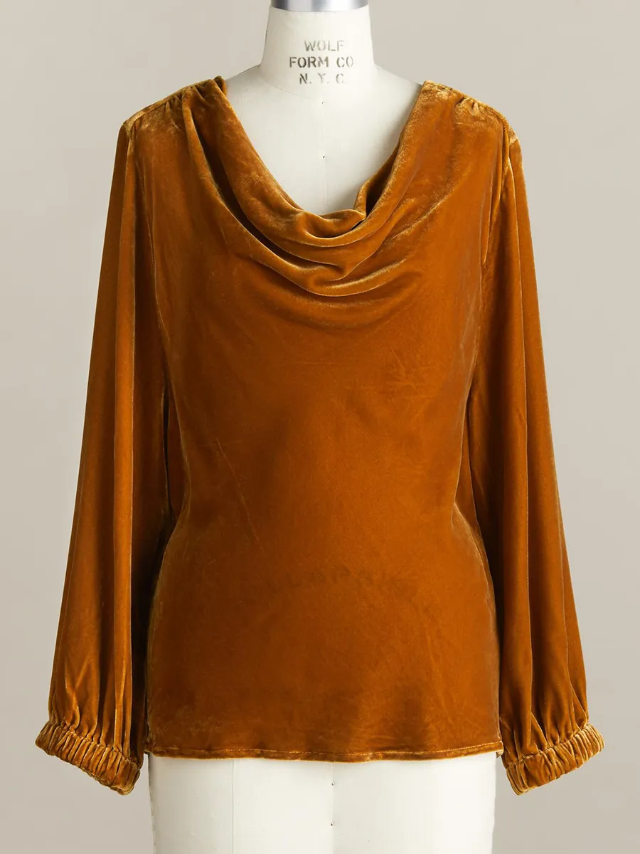 Long Sieeve Solid Velvet Pile Neck Pleated T- Shirt