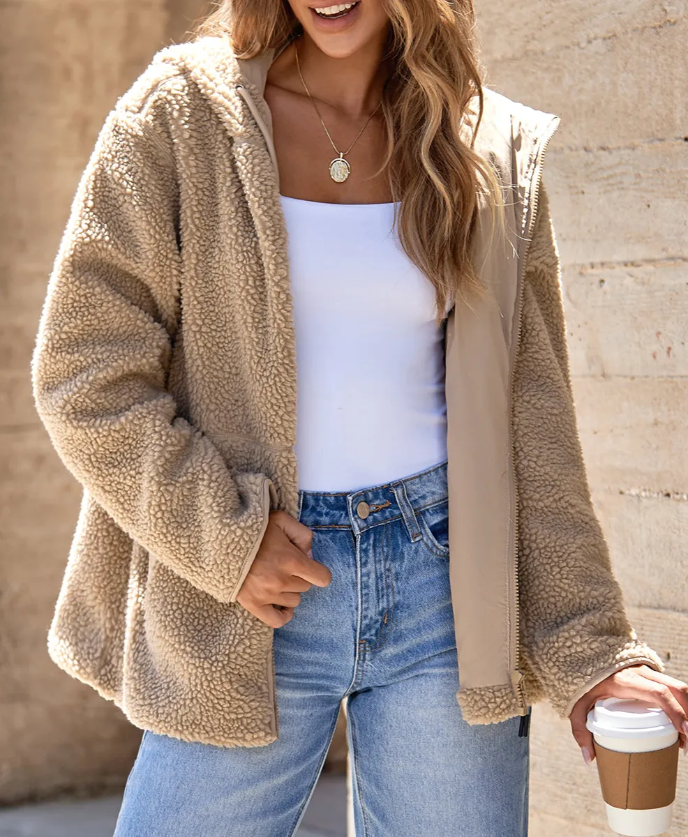 Pale Fleece Zip-Up Drawstring Hooded Pocket Jacket