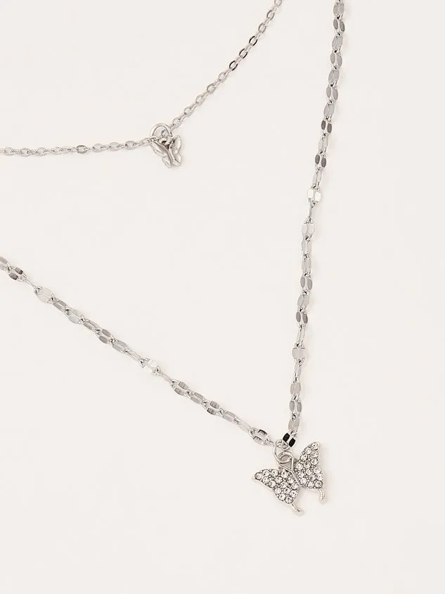 Everyday Silver Diamond Butterfly Layered Pendant Necklace Beach Vacation Party Jewelry