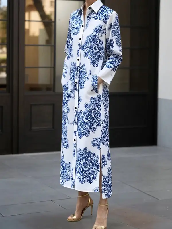Split Printed Buttoned Long Shirt Maxi Dress