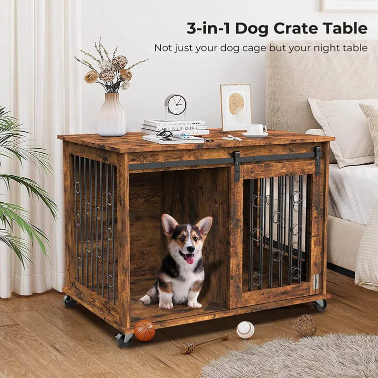 Dog Crate Furniture With Divider For 2 Small To Medium Pets, Wooden Cage End Table, Heavy Duty Indoor Puppy Kennel With Removable Divider And Sliding Door, 39.37'w*25.2'd*28.94'h