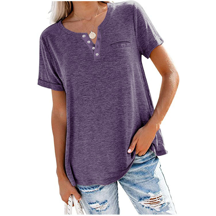 New V-Neck Short-Sleeved Pocket Loose T-Shirt