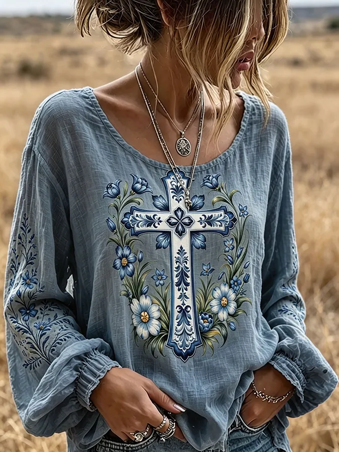 Women's  Floral Cross Print Western Long Sleeve Blouse