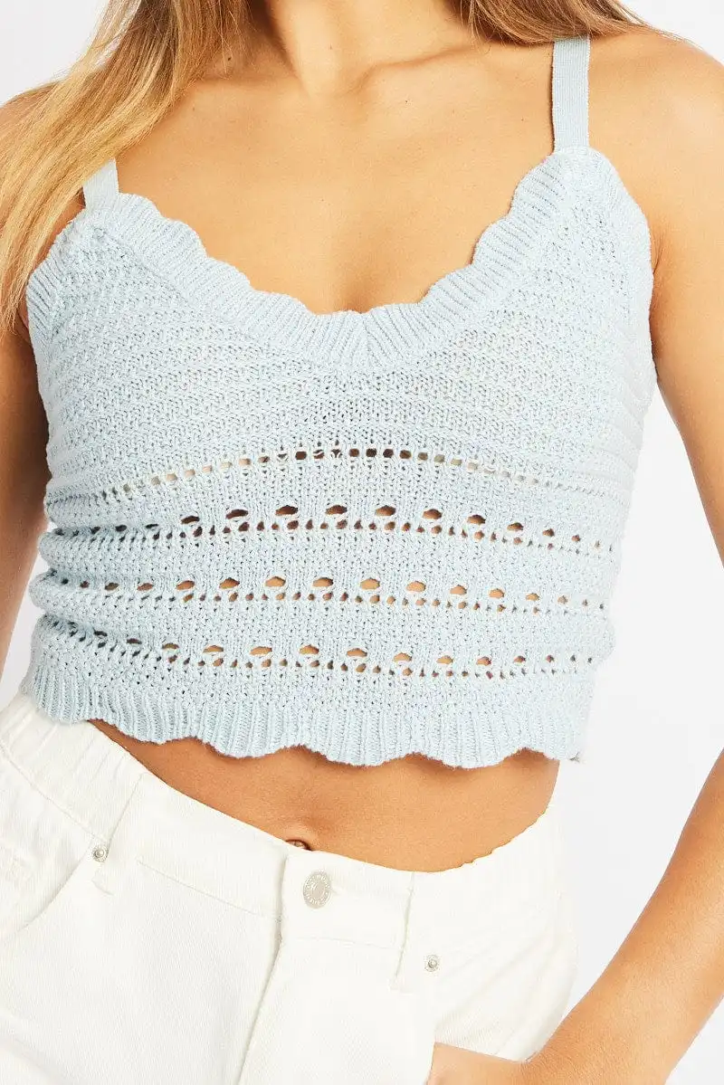 Blue Crochet Top Sleeveless V Neck Crop Knitted