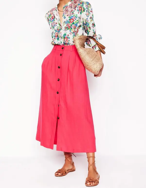 Camelia Pink Linen Midi Skirt