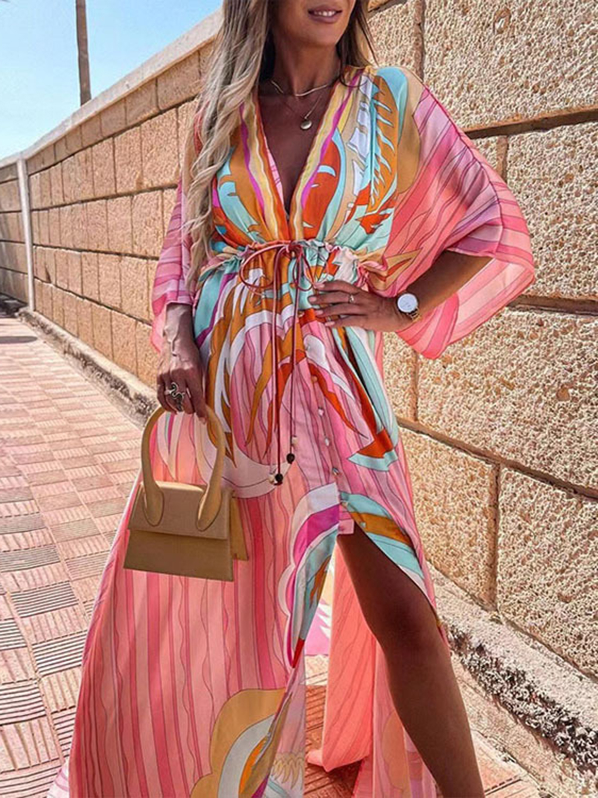 Holiday Style V Neck Slim Fit Printed Long Dress