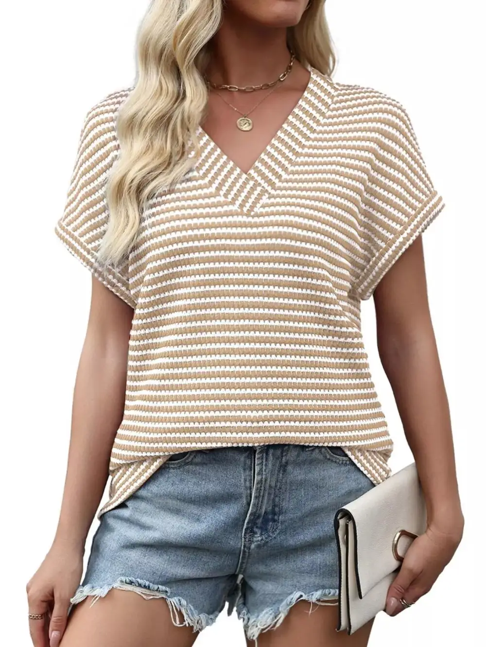 Striped V Neck Relaxed Fit T Shirt