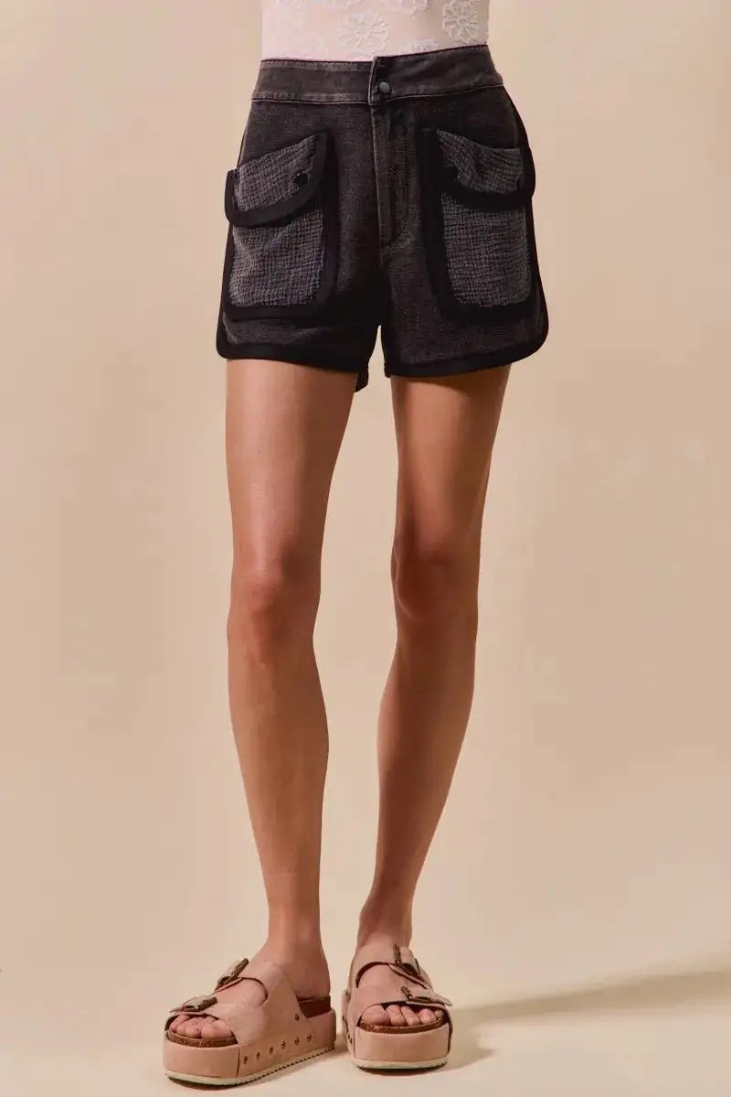 Washed Terry High Rise Cargo Shorts
