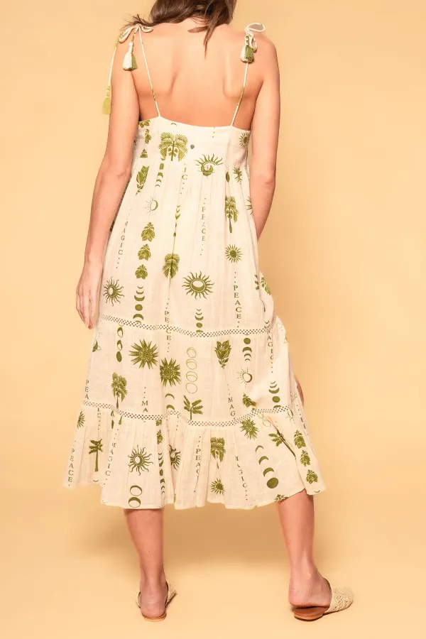 Cream Colored Palm Print Ruffled Midi Dress