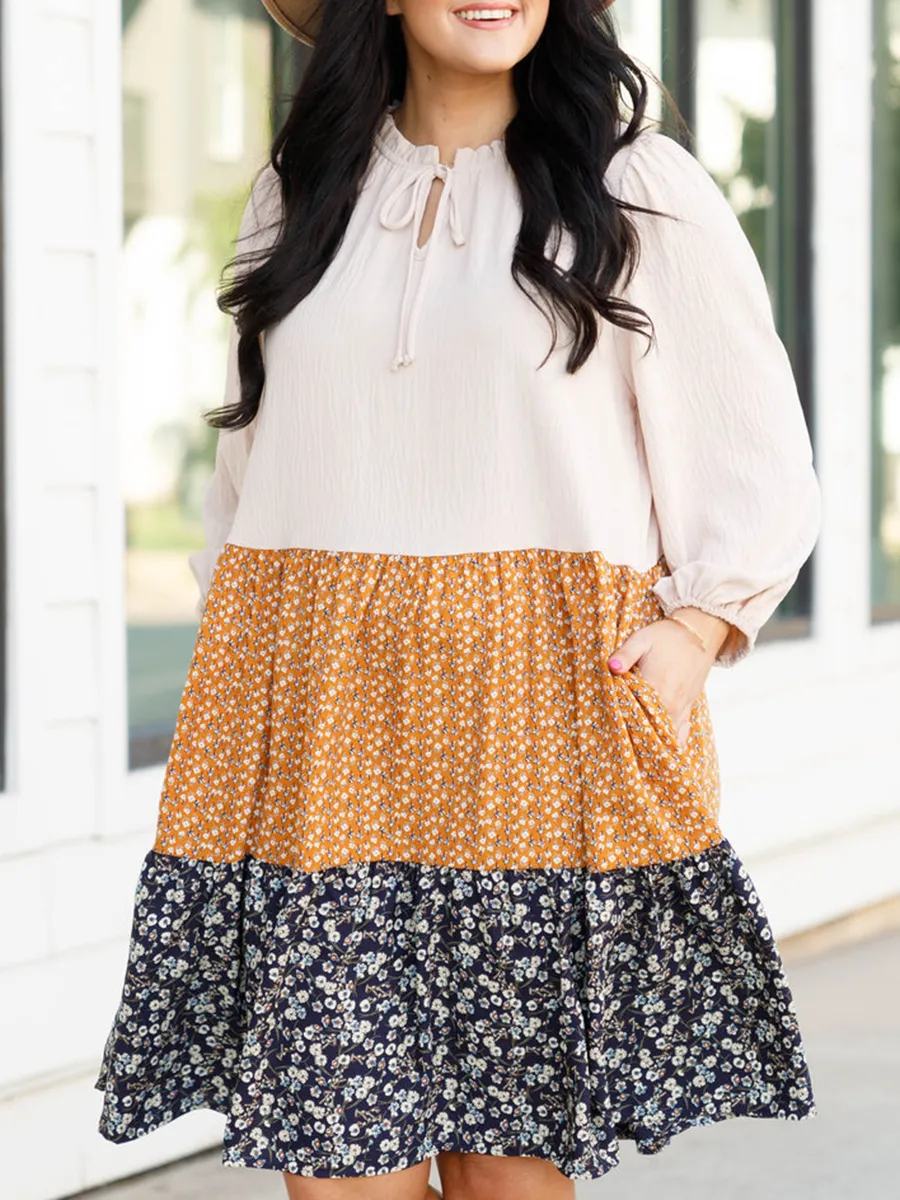 Patchwork Contrasting Floral Pattern Printed Loose Fitting Dress