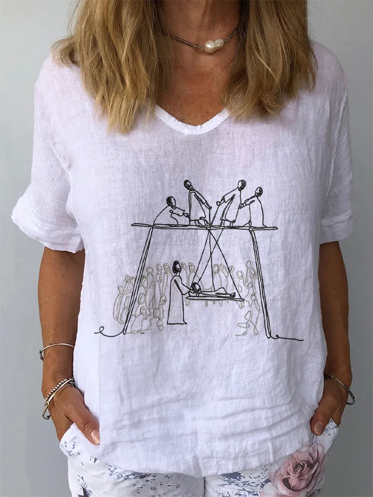 Women's Simple Line Pattern Print V-Neck Short-Sleeve Shirt
