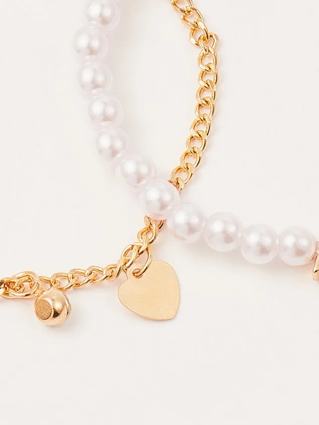 Vacation Metal Heart Diamond Pearl Layered Anklet Boho Women's Jewelry