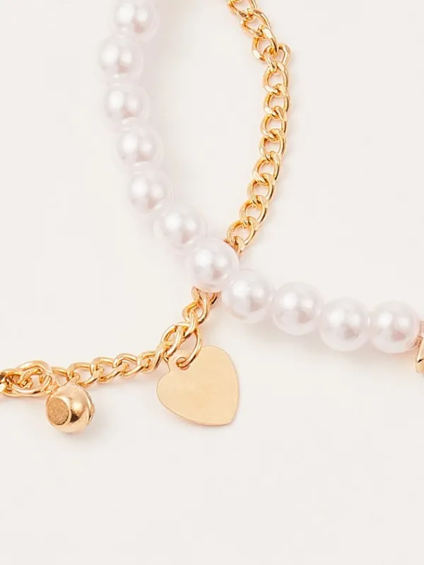 Vacation Metal Heart Diamond Pearl Layered Anklet Boho Women's Jewelry