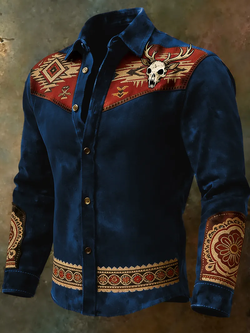 Men's Distressed Western Deer Skull & Aztec Pattern Long Sleeve Shirt