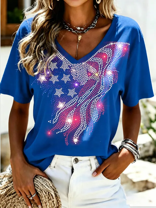 Women's casual retro patriotic V-neck T-shirt