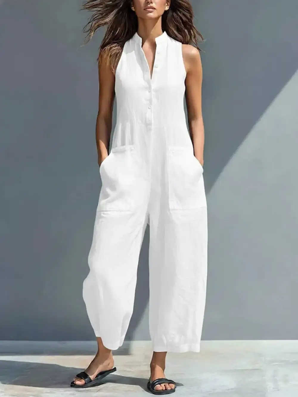 Button Front Sleeveless Jumpsuit