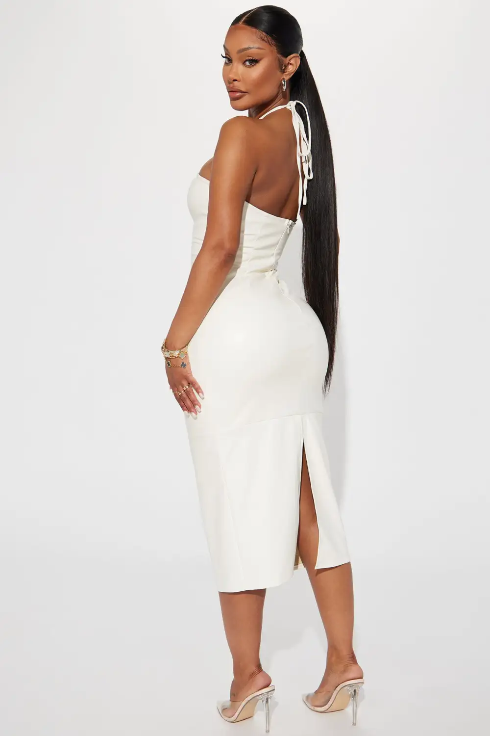 Dahlia Faux Leather Midi Dress - Cream