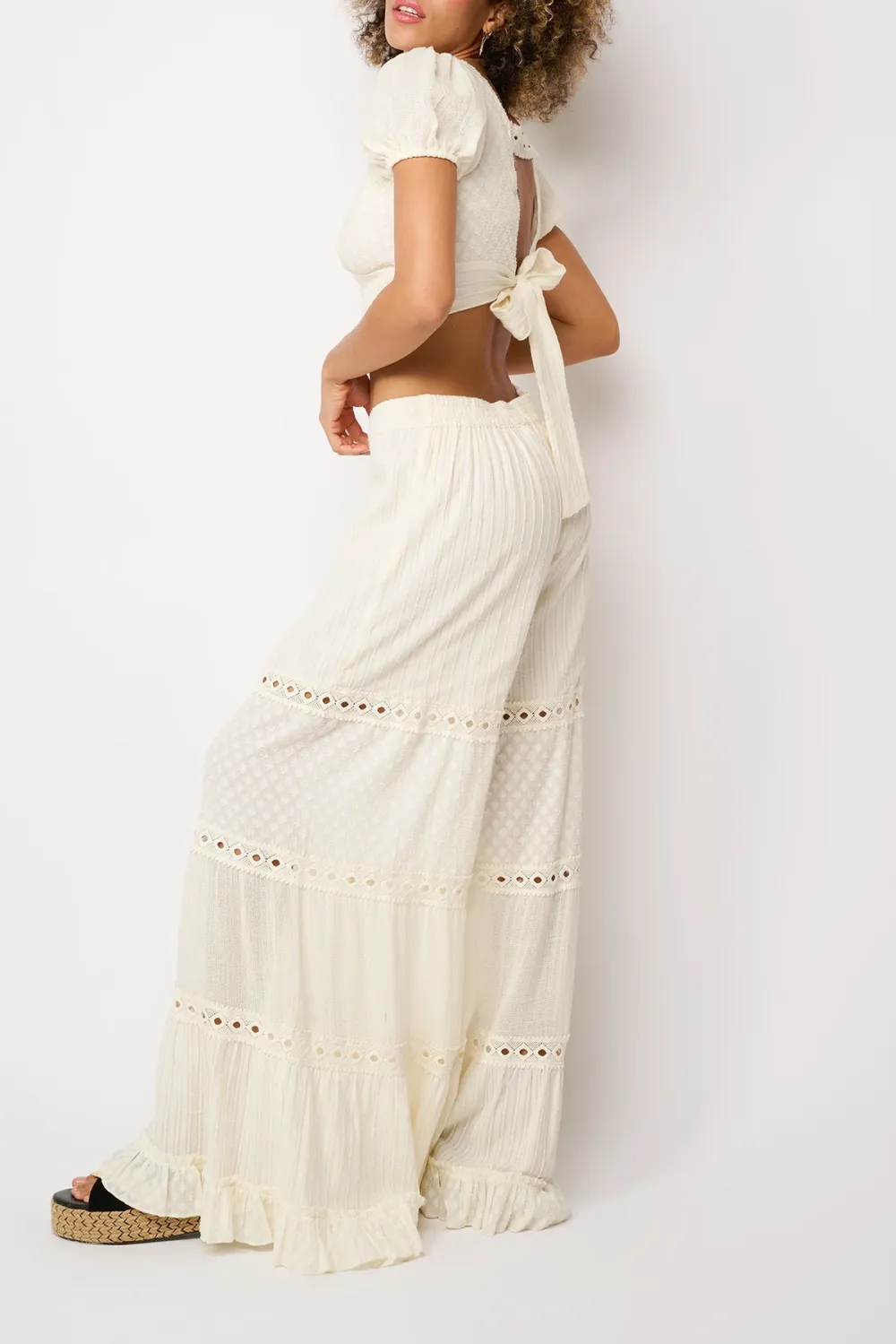 White Eyelet Detail Flared Pants