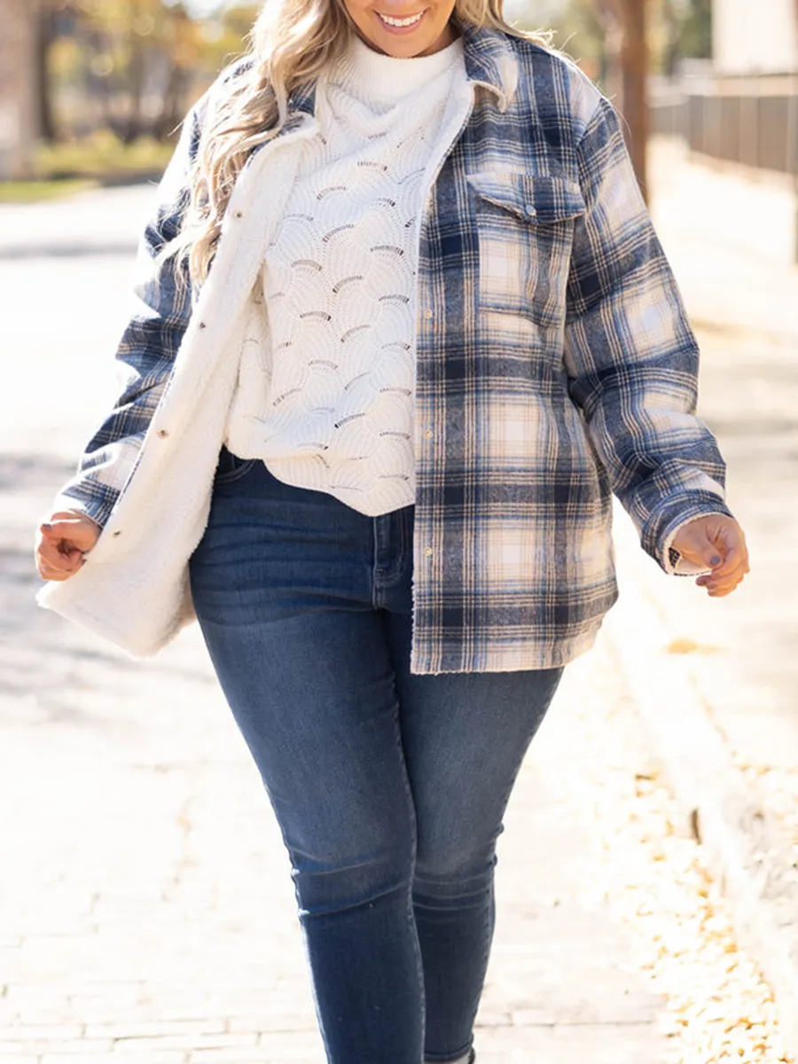 Blue Plaid Pattern Pocket Loose Plush Jacket
