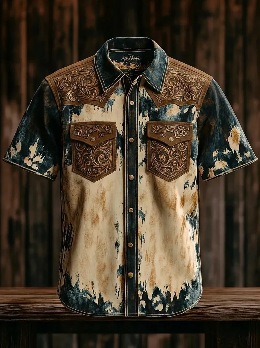 Men's Western Cowboy Floral Tooled Leather Print Short Sleeve Shirt