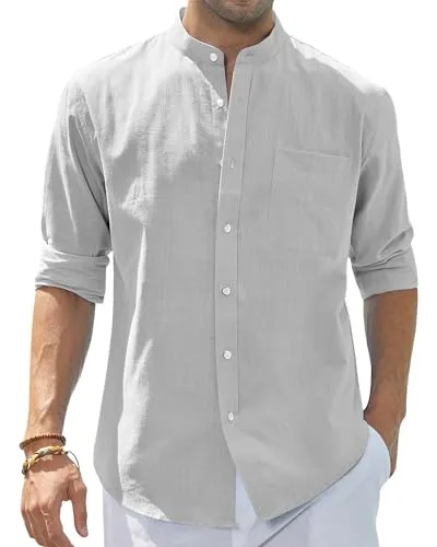 Men's Cotton Linen Long Sleeve Shirts Casual Button Down Banded Collar Shirt Beach Summer Tops with Pocket