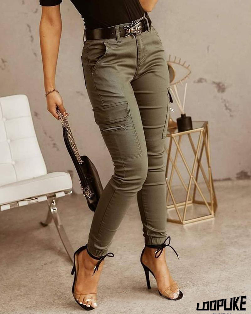 Cotton-Blend Casual Solid Pants