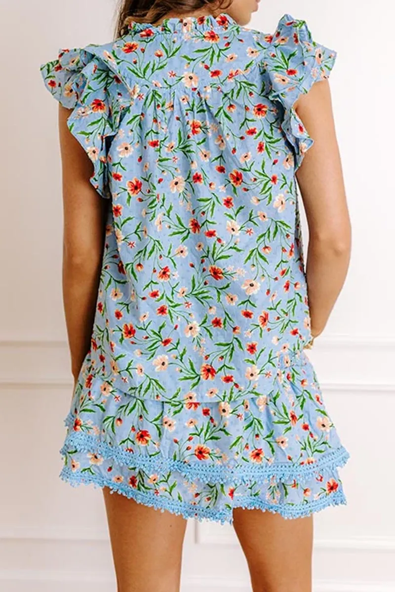 V-Neck Ruffled Cotton Botanical Print Ladies Top