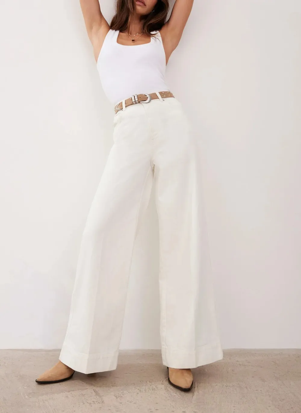 Casual Style Cream Wide Leg Jeans