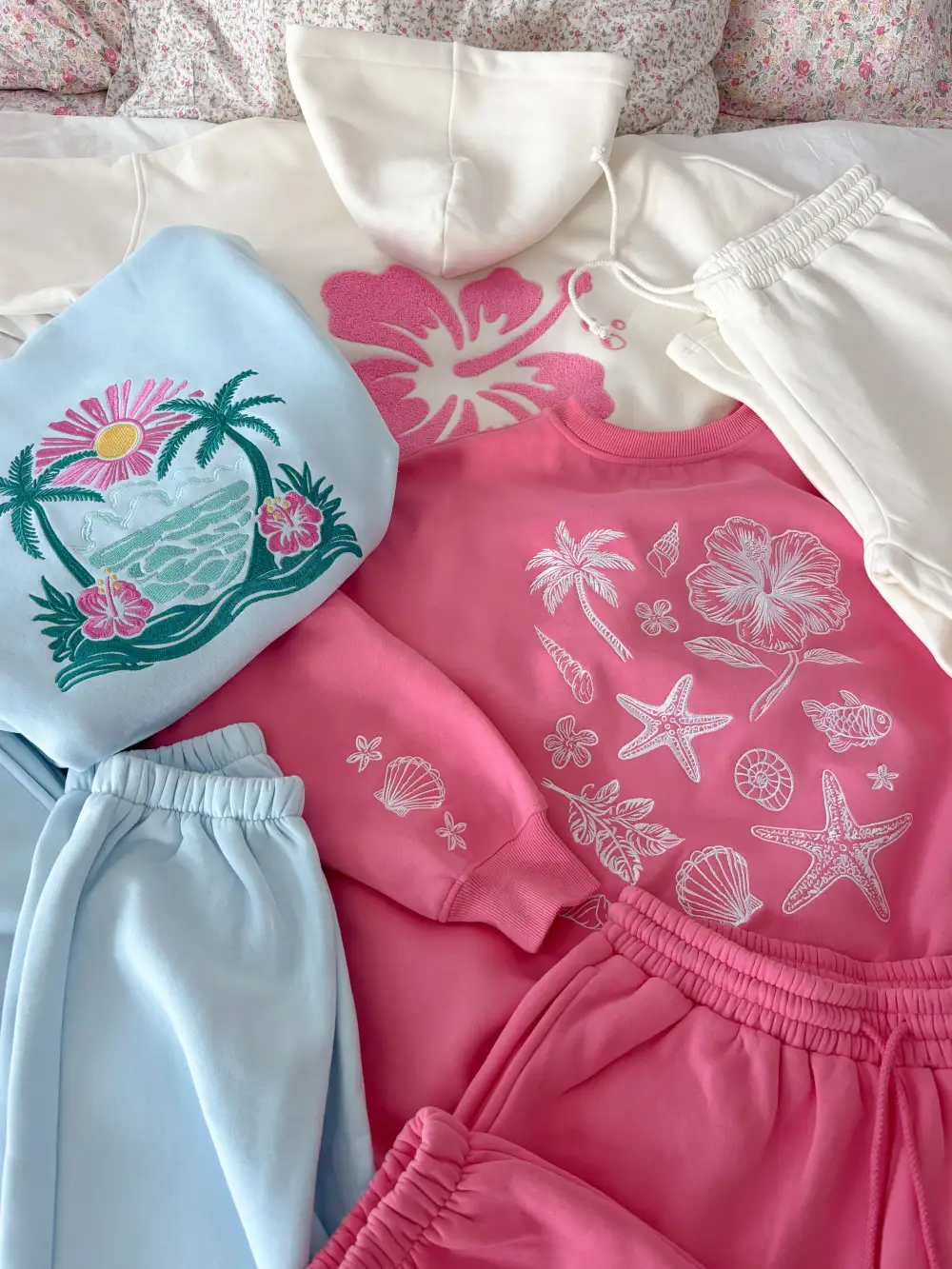 Icy Hibiscus Flower Beach Babe Embroider Hoodie